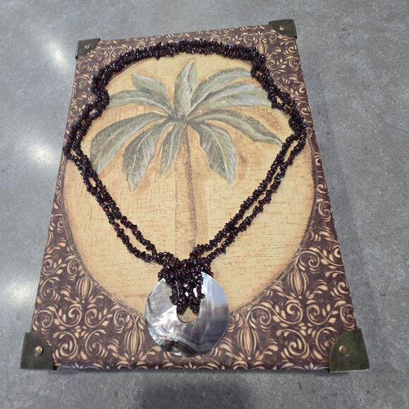 Women's Purple Beads Statement Necklace w/Donut Hole M-O-P Shell Pendant - Picture 12 of 14